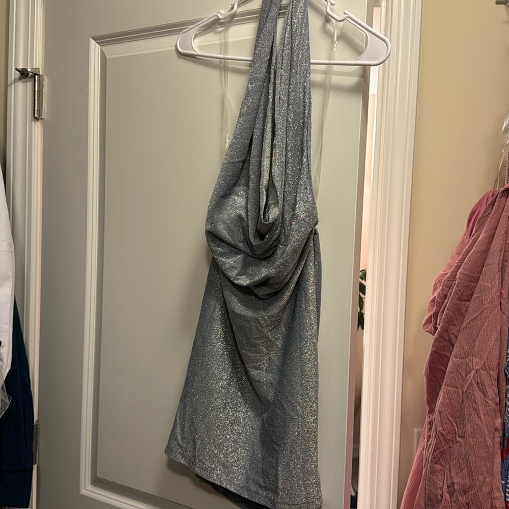 Silver low front and low back mini dress